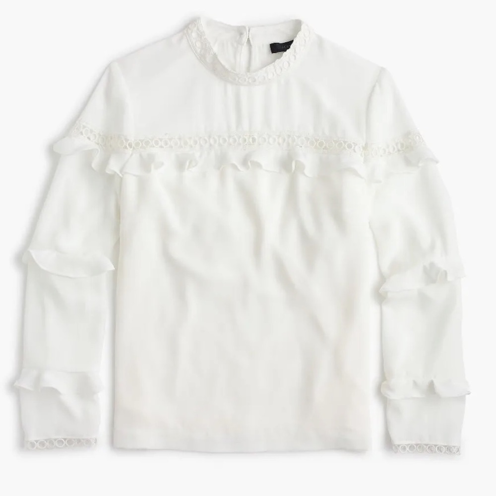 J. Crew White Tiered Ruffle Mockneck Eyelet Trim Blouse